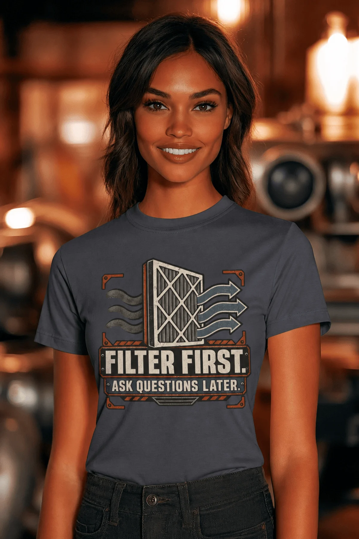 T-Shirt — "Filter First. Ask Questions Later." HVAC Air Filter Graphic — navy t-shirt, model photo | Pressure Tested Co