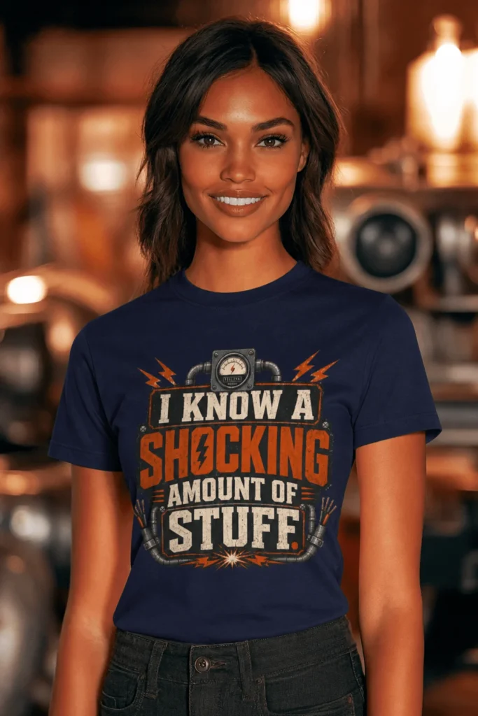 I Know A Shocking Amount Of Stuff T-Shirt — Electrician Science Humorous Tee — navy t-shirt, model photo | Pressure Tested Co