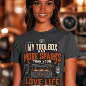 T-Shirt — "My Toolbox Has More Sparks Than Your Love Life" Electrician/Mechanic Workshop Tee — navy t-shirt, model photo | Pressure Tested Co