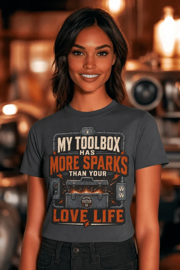 T-Shirt — "My Toolbox Has More Sparks Than Your Love Life" Electrician/Mechanic Workshop Tee — navy t-shirt, model photo | Pressure Tested Co