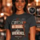 "No Leaks, No Drama, Just Wrenches" Vintage Plumbing Tee — navy t-shirt, model photo | Pressure Tested Co