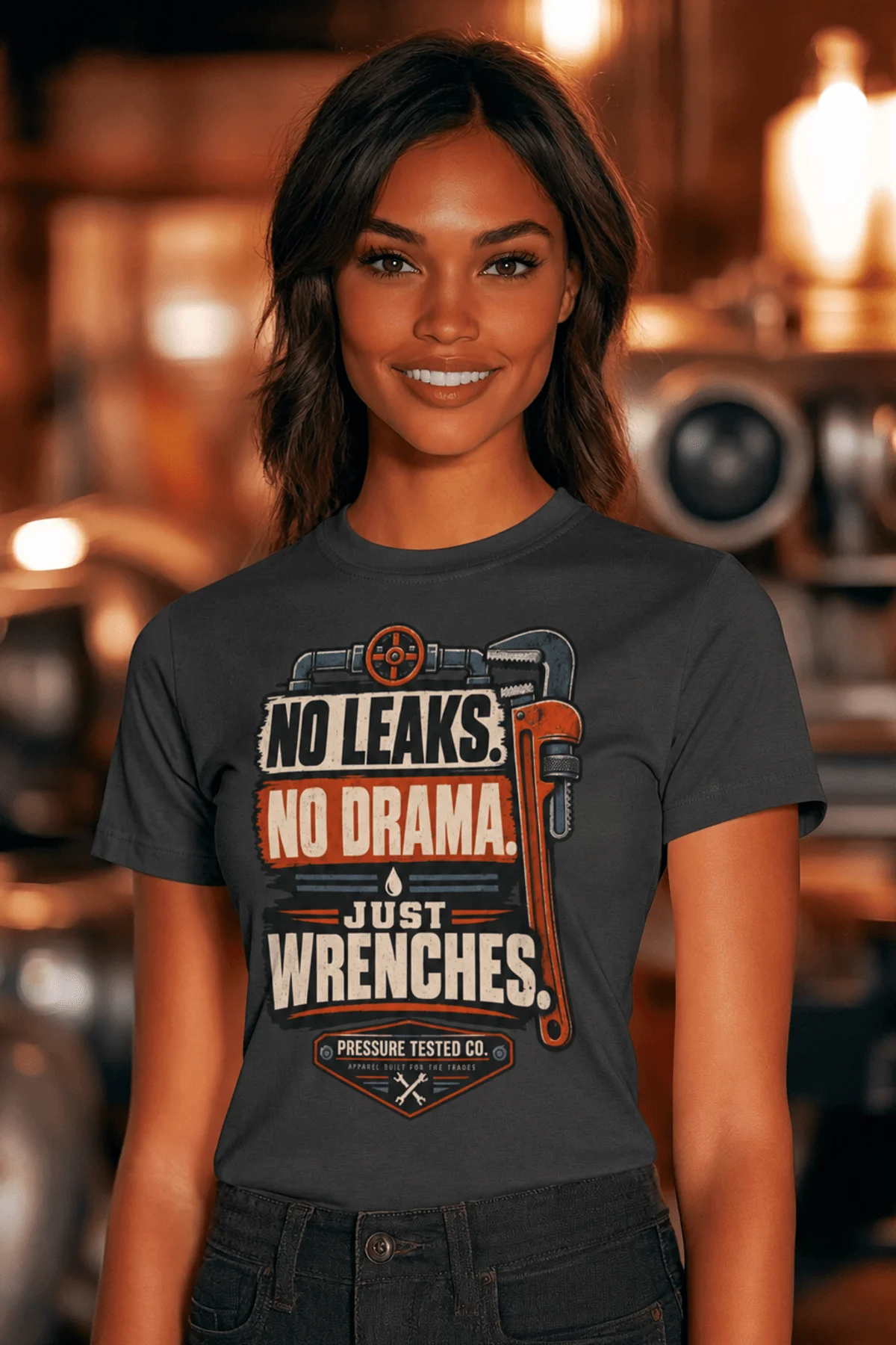 "No Leaks, No Drama, Just Wrenches" Vintage Plumbing Tee — navy t-shirt, model photo | Pressure Tested Co