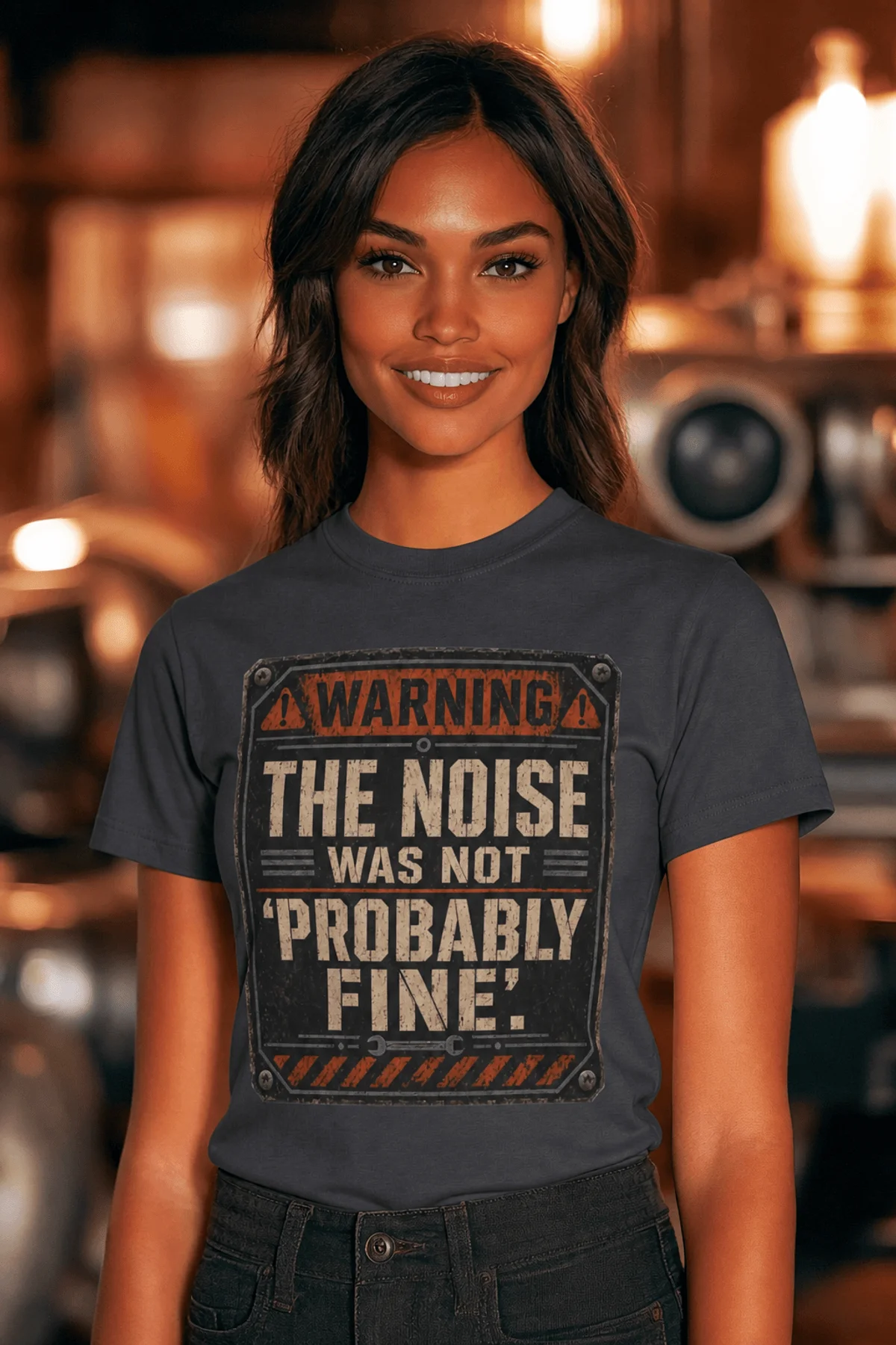 Warning Sign T-Shirt — "The Noise Was Not 'Probably Fine'" Vintage Graphic Tee — navy t-shirt, model photo | Pressure Tested Co