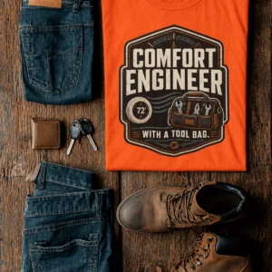 HVAC Tech T-Shirt — "Comfort Engineer" Vintage Tee with a Tool Bag — orange t-shirt, flat-lay product photo | Pressure Tested Co