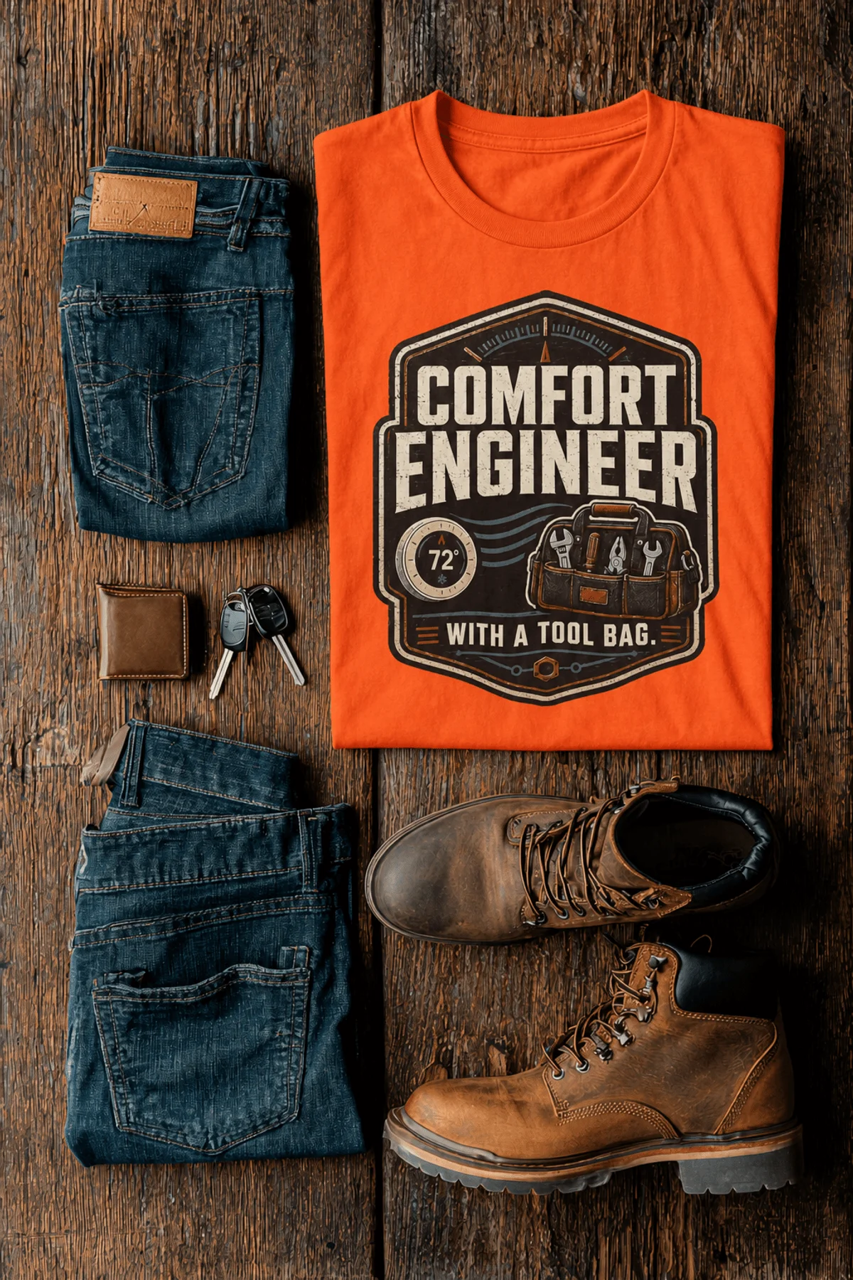 HVAC Tech T-Shirt — "Comfort Engineer" Vintage Tee with a Tool Bag — orange t-shirt, flat-lay product photo | Pressure Tested Co