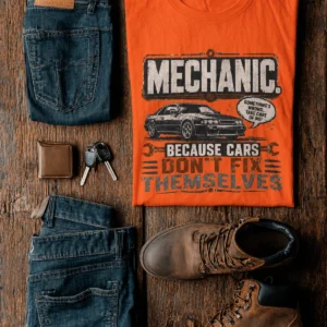 Mechanic Tee — "Mechanic. Because Cars Don't Fix Themselves" Funny Vintage Auto Technician Repair Shirt — orange t-shirt, flat-lay product photo | Pressure Tested Co