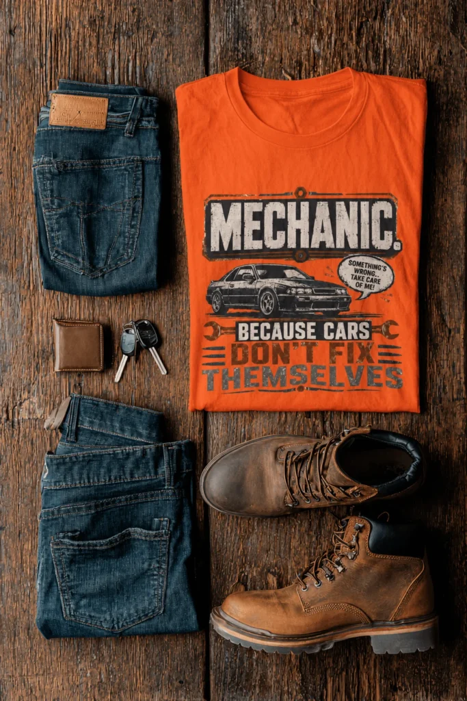 Mechanic Tee — "Mechanic. Because Cars Don't Fix Themselves" Funny Vintage Auto Technician Repair Shirt — orange t-shirt, flat-lay product photo | Pressure Tested Co
