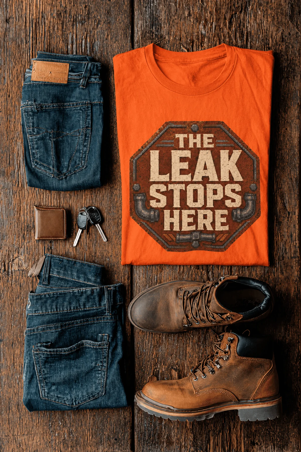 "The Leak Stops Here" Stop Sign Badge Style — Plumbing Repair Tech Humorous Tee — orange t-shirt, flat-lay product photo | Pressure Tested Co