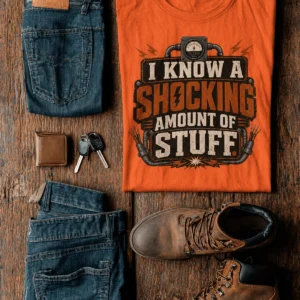 I Know A Shocking Amount Of Stuff T-Shirt — Electrician Science Humorous Tee — orange t-shirt, flat-lay product photo | Pressure Tested Co