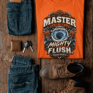 Master of the Mighty Flush T-Shirt — Plumber/Funny Toilet Repair Tee — orange t-shirt, flat-lay product photo | Pressure Tested Co