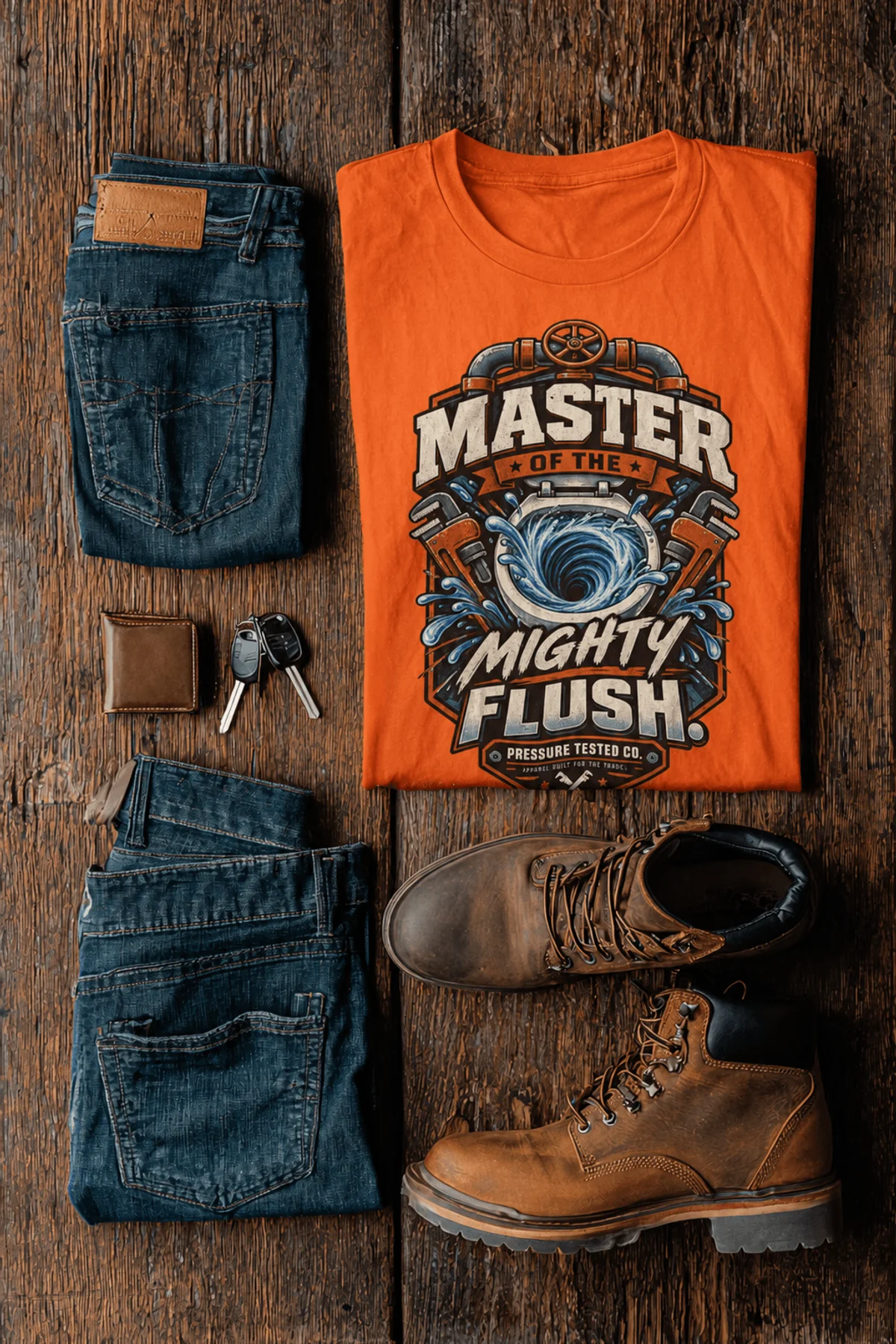Master of the Mighty Flush T-Shirt — Plumber/Funny Toilet Repair Tee — orange t-shirt, flat-lay product photo | Pressure Tested Co
