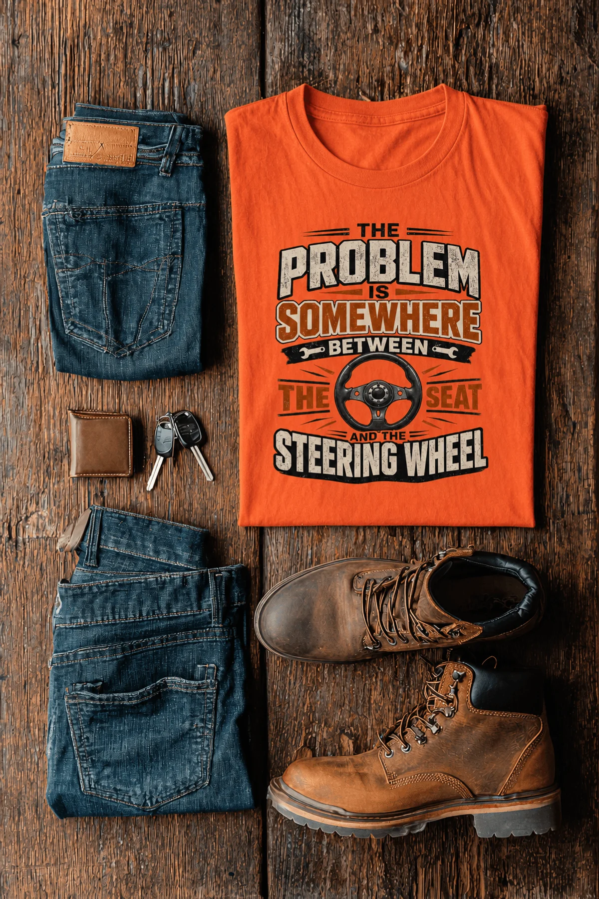 Driving Humor T-Shirt — "The Problem Is Somewhere Between The Seat And The Steering Wheel" — orange t-shirt, flat-lay product photo | Pressure Tested Co