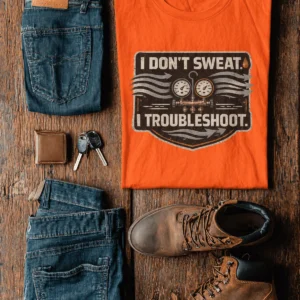 HVAC Tech T-Shirt – "I Don't Sweat. I Troubleshoot." Retro Tech Shirt — orange t-shirt, flat-lay product photo | Pressure Tested Co