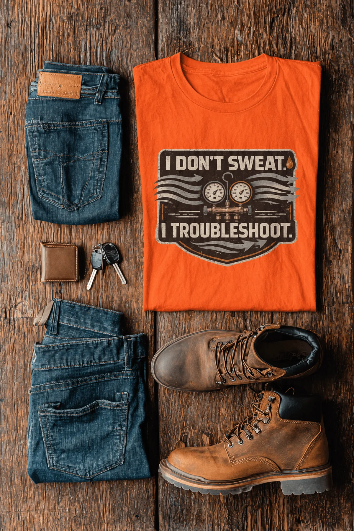 HVAC Tech T-Shirt – "I Don't Sweat. I Troubleshoot." Retro Tech Shirt — orange t-shirt, flat-lay product photo | Pressure Tested Co