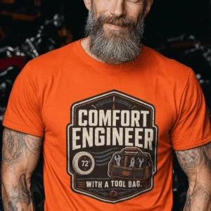HVAC Tech T-Shirt — "Comfort Engineer" Vintage Tee with a Tool Bag — orange t-shirt, model photo | Pressure Tested Co