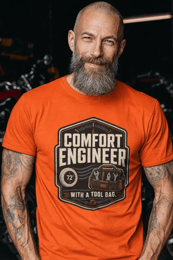 HVAC Tech T-Shirt — "Comfort Engineer" Vintage Tee with a Tool Bag — orange t-shirt, model photo | Pressure Tested Co