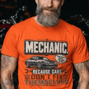 Mechanic Tee — "Mechanic. Because Cars Don't Fix Themselves" Funny Vintage Auto Technician Repair Shirt — orange t-shirt, model photo | Pressure Tested Co