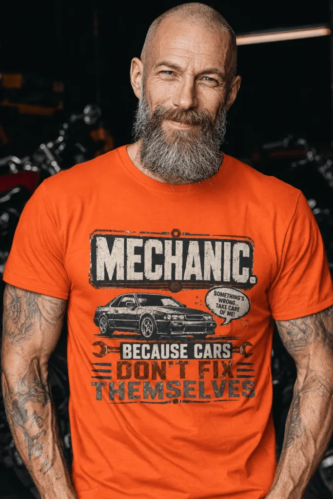Mechanic Tee — "Mechanic. Because Cars Don't Fix Themselves" Funny Vintage Auto Technician Repair Shirt — orange t-shirt, model photo | Pressure Tested Co