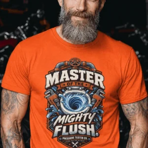 Master of the Mighty Flush T-Shirt — Plumber/Funny Toilet Repair Tee — orange t-shirt, model photo | Pressure Tested Co