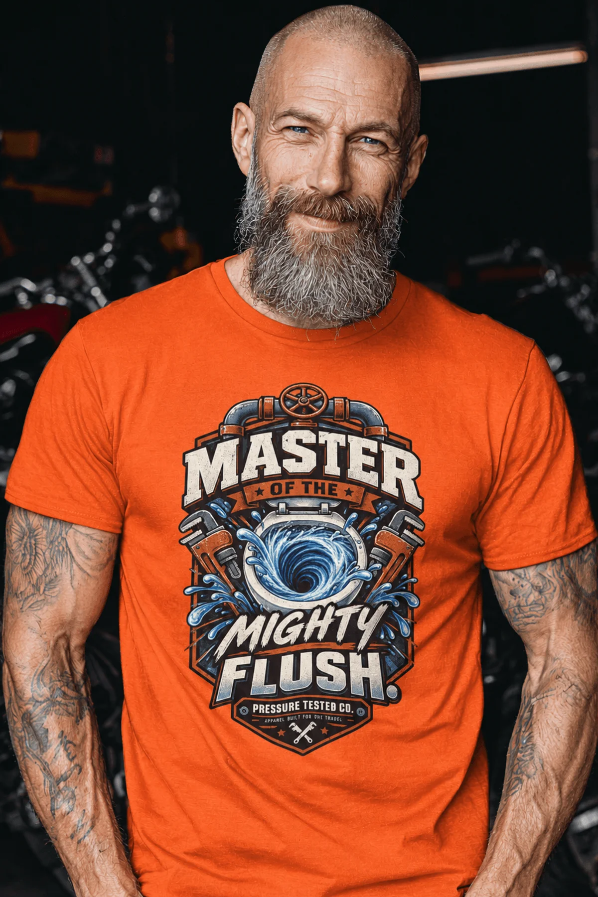 Master of the Mighty Flush T-Shirt — Plumber/Funny Toilet Repair Tee — orange t-shirt, model photo | Pressure Tested Co