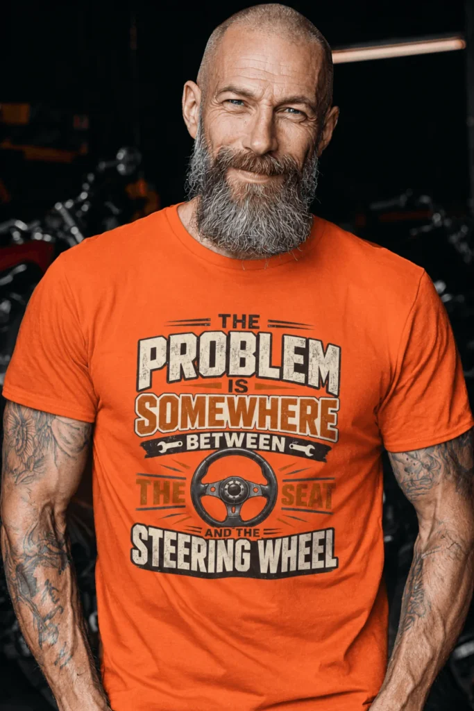 Driving Humor T-Shirt — "The Problem Is Somewhere Between The Seat And The Steering Wheel" — orange t-shirt, model photo | Pressure Tested Co