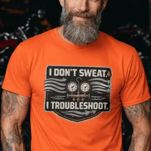HVAC Tech T-Shirt – "I Don't Sweat. I Troubleshoot." Retro Tech Shirt — orange t-shirt, model photo | Pressure Tested Co