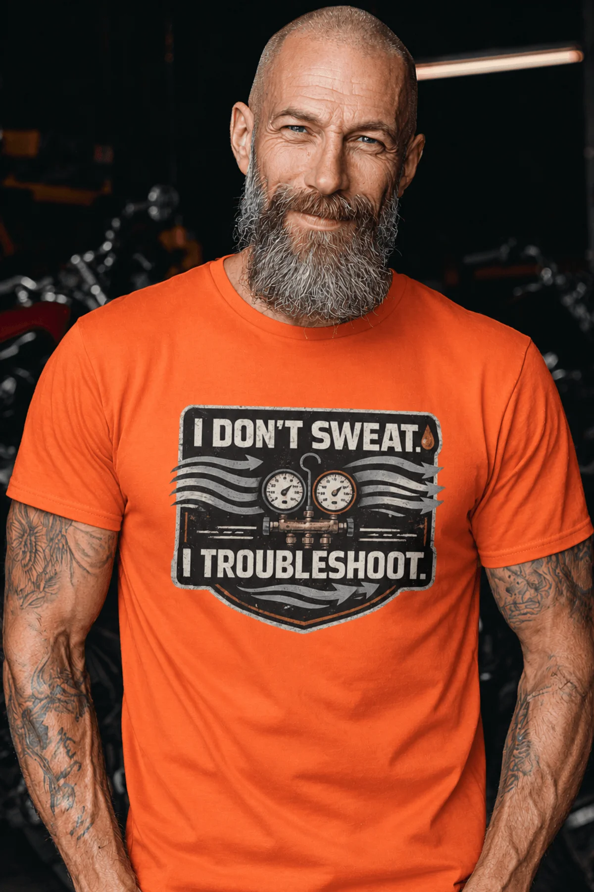 HVAC Tech T-Shirt – "I Don't Sweat. I Troubleshoot." Retro Tech Shirt — orange t-shirt, model photo | Pressure Tested Co