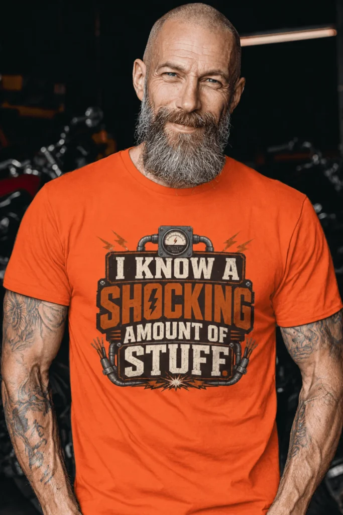 I Know A Shocking Amount Of Stuff T-Shirt — Electrician Science Humorous Tee — orange t-shirt, model photo | Pressure Tested Co