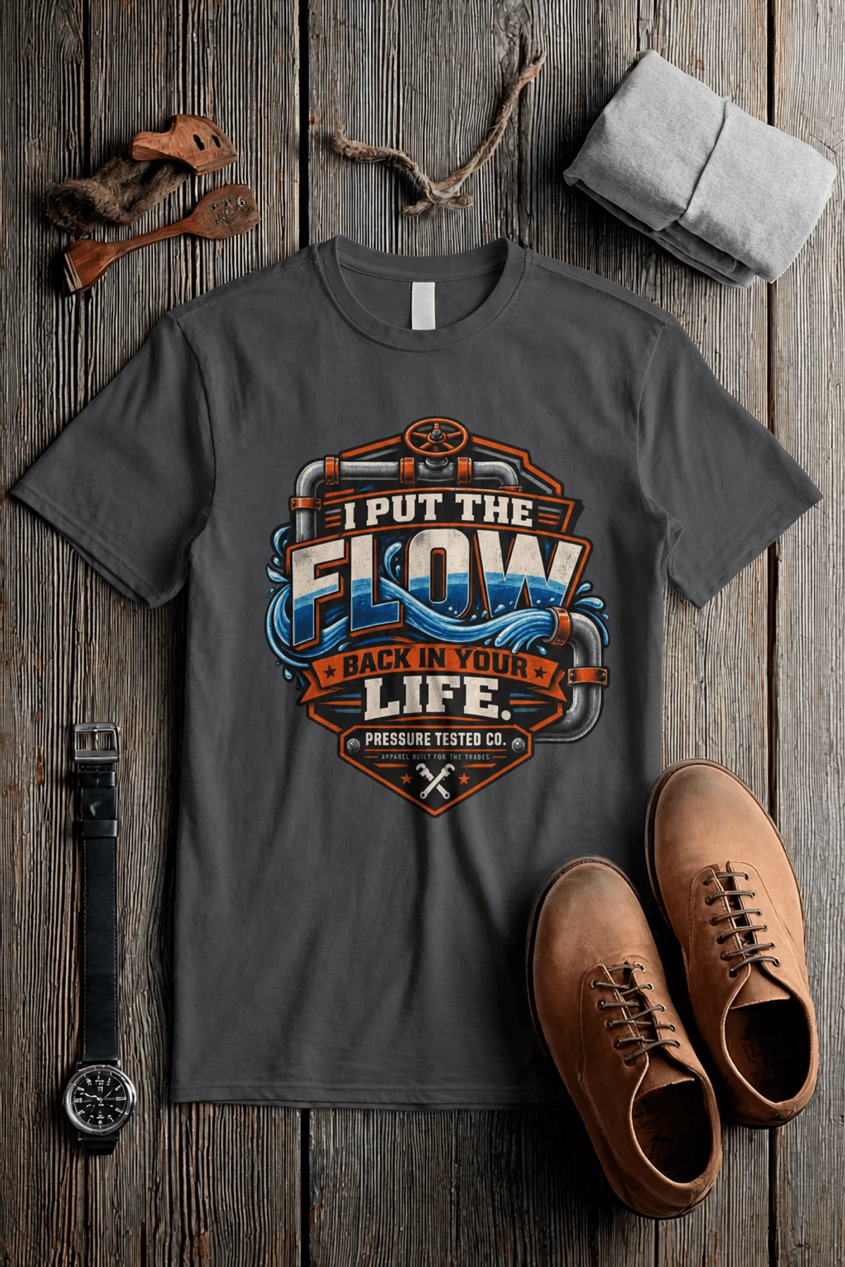 'I Put The Flow Back Into Your Life.' T-Shirt — Funny Retro Industrial Plumber's Tee — pepper t-shirt, flat-lay product photo | Pressure Tested Co