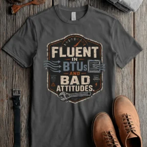 HVAC Tech T‑Shirt – "Fluent In BTUs And Bad Attitudes" — pepper t-shirt, flat-lay product photo | Pressure Tested Co