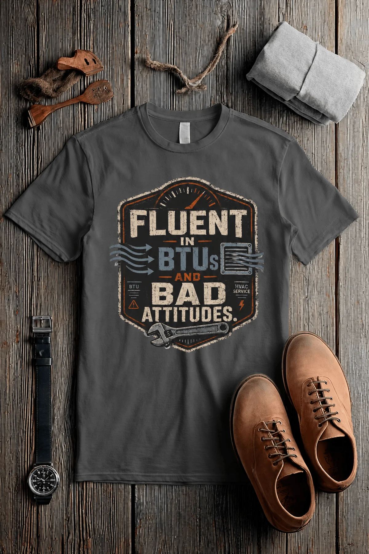 HVAC Tech T‑Shirt – "Fluent In BTUs And Bad Attitudes" — pepper t-shirt, flat-lay product photo | Pressure Tested Co