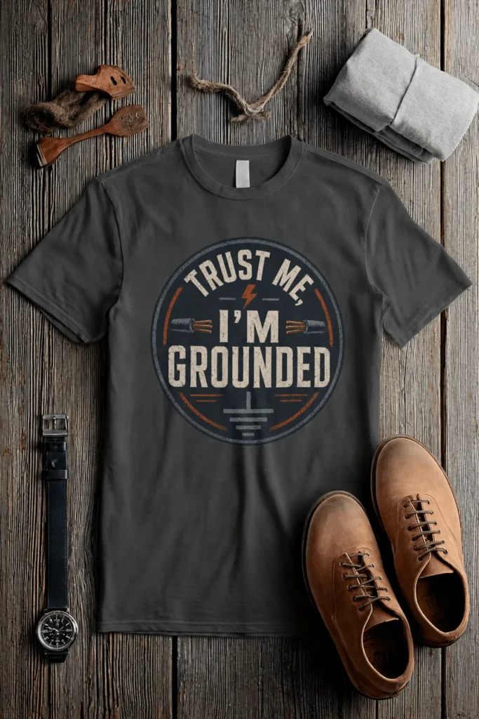 Grounded T‑Shirt – "Trust Me I'm Grounded" Electrical Tech Tee — pepper t-shirt, flat-lay product photo | Pressure Tested Co