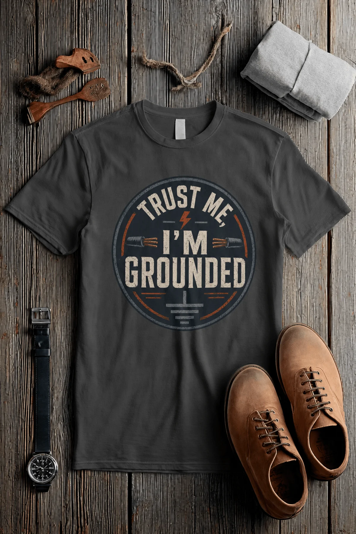 Grounded T‑Shirt – "Trust Me I'm Grounded" Electrical Tech Tee — pepper t-shirt, flat-lay product photo | Pressure Tested Co