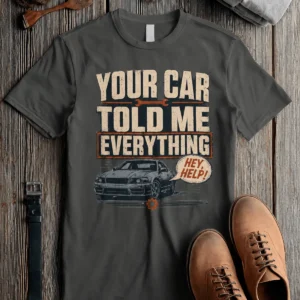 Mechanic T‑Shirt – "Your Car Told Me Everything" Vintage Graphic Design Tee — pepper t-shirt, flat-lay product photo | Pressure Tested Co