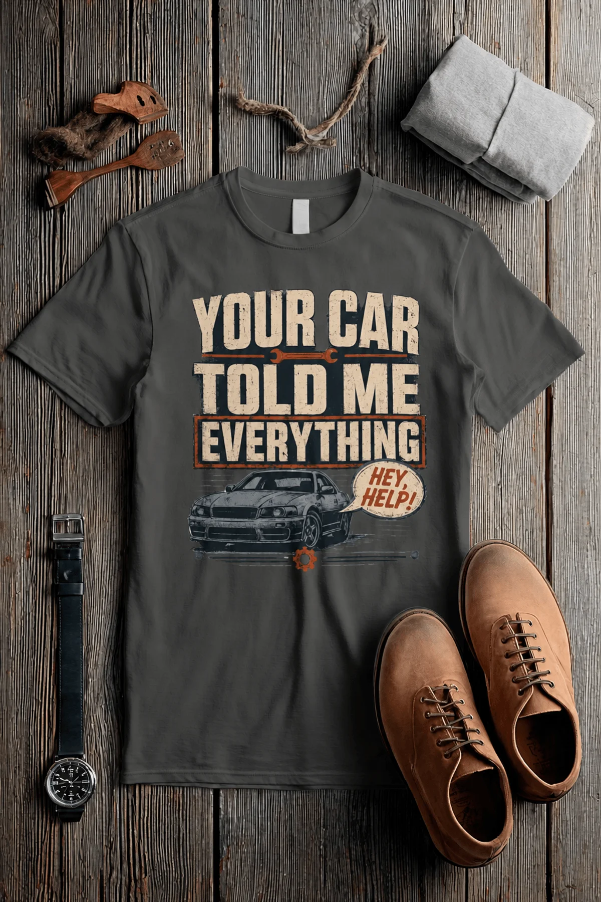 Mechanic T‑Shirt – "Your Car Told Me Everything" Vintage Graphic Design Tee — pepper t-shirt, flat-lay product photo | Pressure Tested Co
