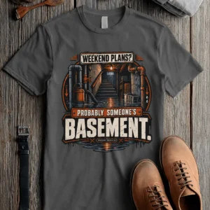 Plumber T‑Shirt – "Weekend Plans? Probably Someone's Basement" Vintage Graphic Design Tee — pepper t-shirt, flat-lay product photo | Pressure Tested Co