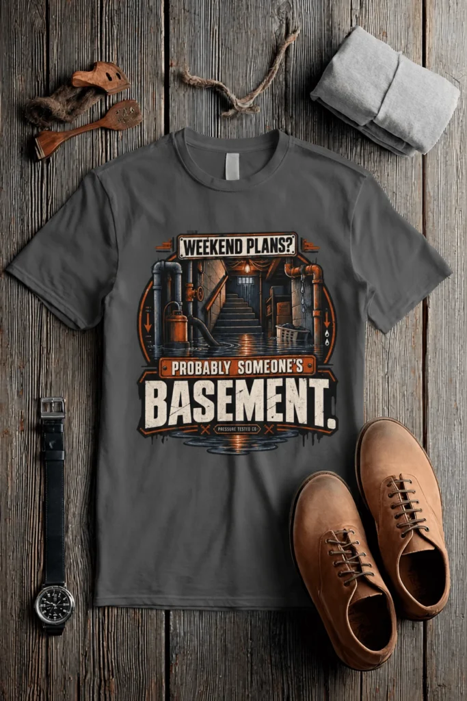 Plumber T‑Shirt – "Weekend Plans? Probably Someone's Basement" Vintage Graphic Design Tee — pepper t-shirt, flat-lay product photo | Pressure Tested Co