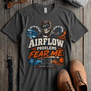 Airflow Problems Fear Me T-Shirt — HVAC Technician Skull Logo Tee — pepper t-shirt, flat-lay product photo | Pressure Tested Co