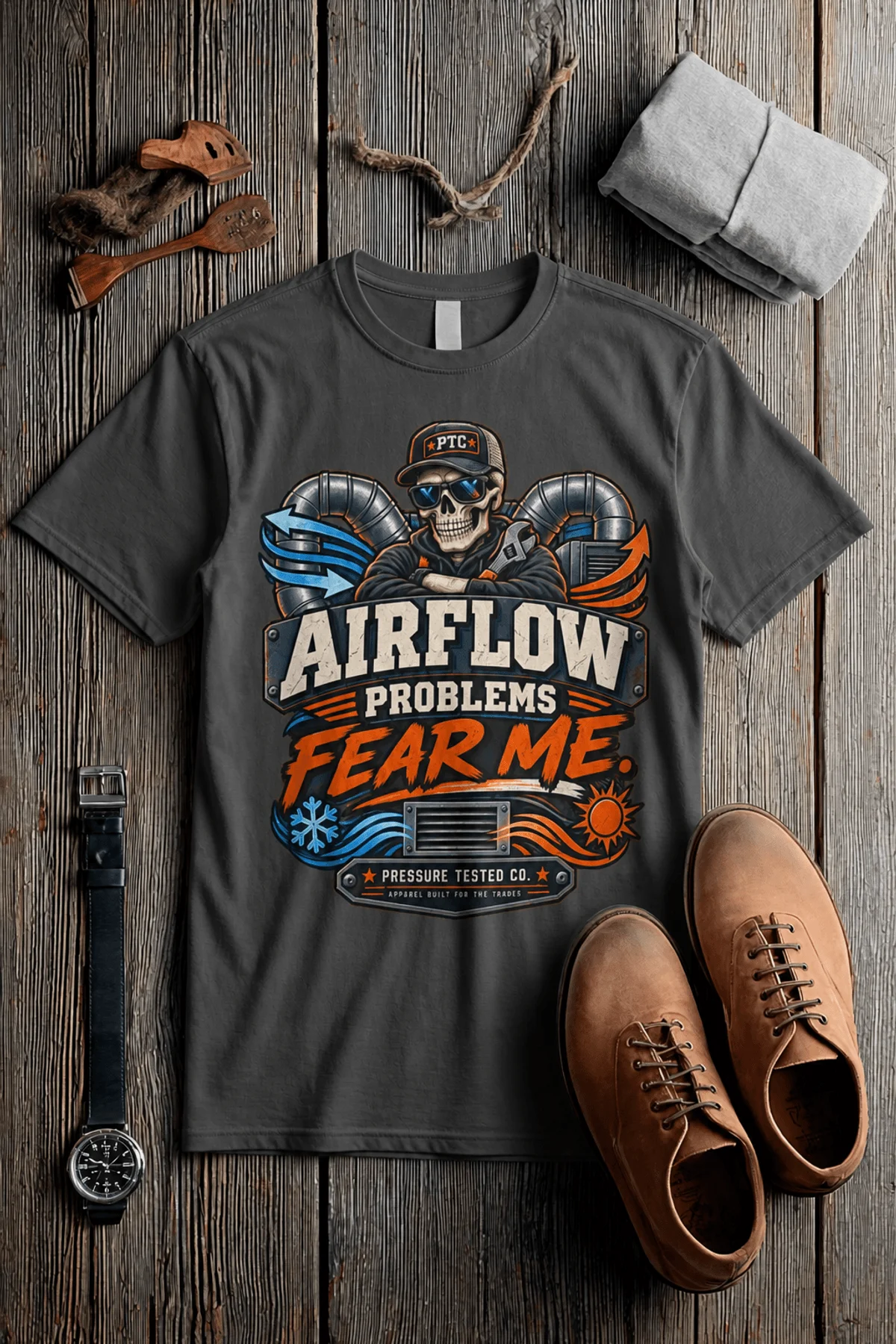Airflow Problems Fear Me T-Shirt — HVAC Technician Skull Logo Tee — pepper t-shirt, flat-lay product photo | Pressure Tested Co