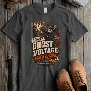Ghost Voltage T-Shirt — 'I Chase Ghost Voltage for a Living' Vintage Electrician Tee — pepper t-shirt, flat-lay product photo | Pressure Tested Co