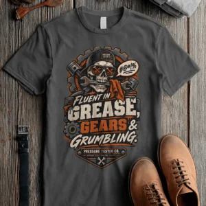 Mechanic Skull T-Shirt — "Fluent in Grease, Gears and Grumbling" Graphic Tee — pepper t-shirt, flat-lay product photo | Pressure Tested Co
