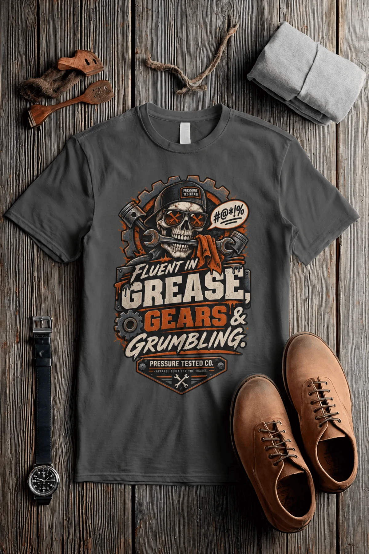 Mechanic Skull T-Shirt — "Fluent in Grease, Gears and Grumbling" Graphic Tee — pepper t-shirt, flat-lay product photo | Pressure Tested Co