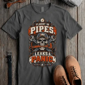 Plumber Skull T-Shirt — "Fluent in Pipes, Leaks and Panic" Workwear Tee — pepper t-shirt, flat-lay product photo | Pressure Tested Co
