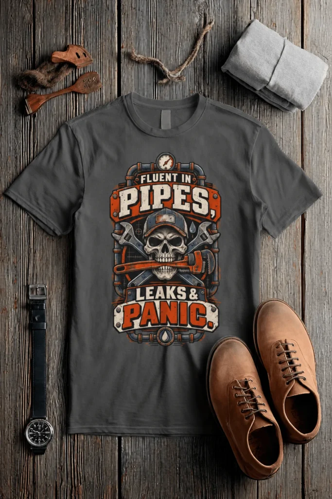 Plumber Skull T-Shirt — "Fluent in Pipes, Leaks and Panic" Workwear Tee — pepper t-shirt, flat-lay product photo | Pressure Tested Co
