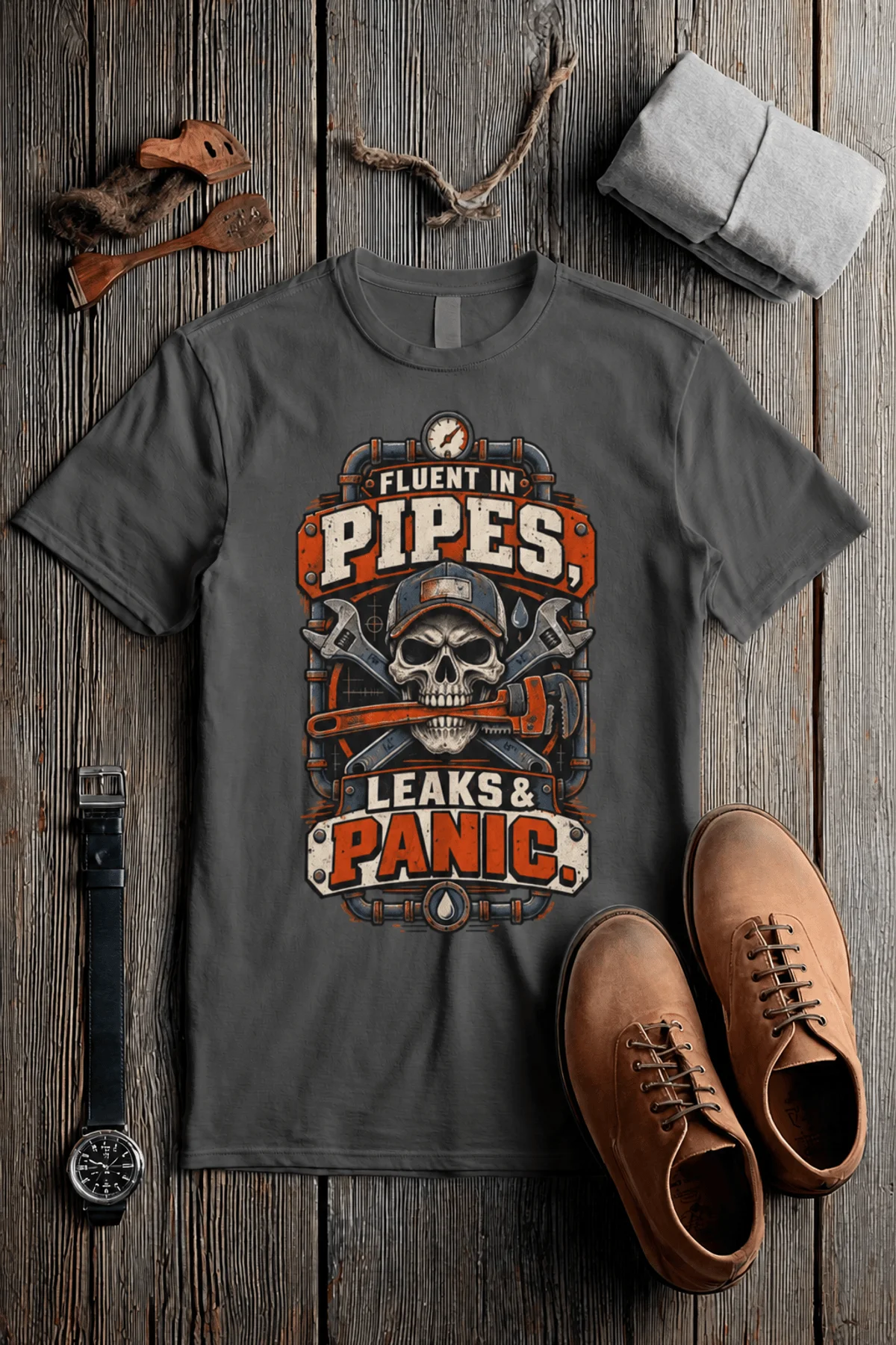 Plumber Skull T-Shirt — "Fluent in Pipes, Leaks and Panic" Workwear Tee — pepper t-shirt, flat-lay product photo | Pressure Tested Co