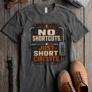 No Shortcuts Just Short Circuits T-Shirt — Funny Retro Industrial Electrician Tee — pepper t-shirt, flat-lay product photo | Pressure Tested Co