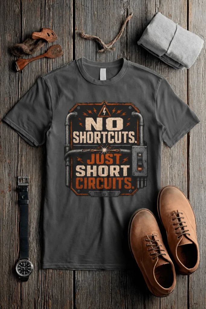 No Shortcuts Just Short Circuits T-Shirt — Funny Retro Industrial Electrician Tee — pepper t-shirt, flat-lay product photo | Pressure Tested Co