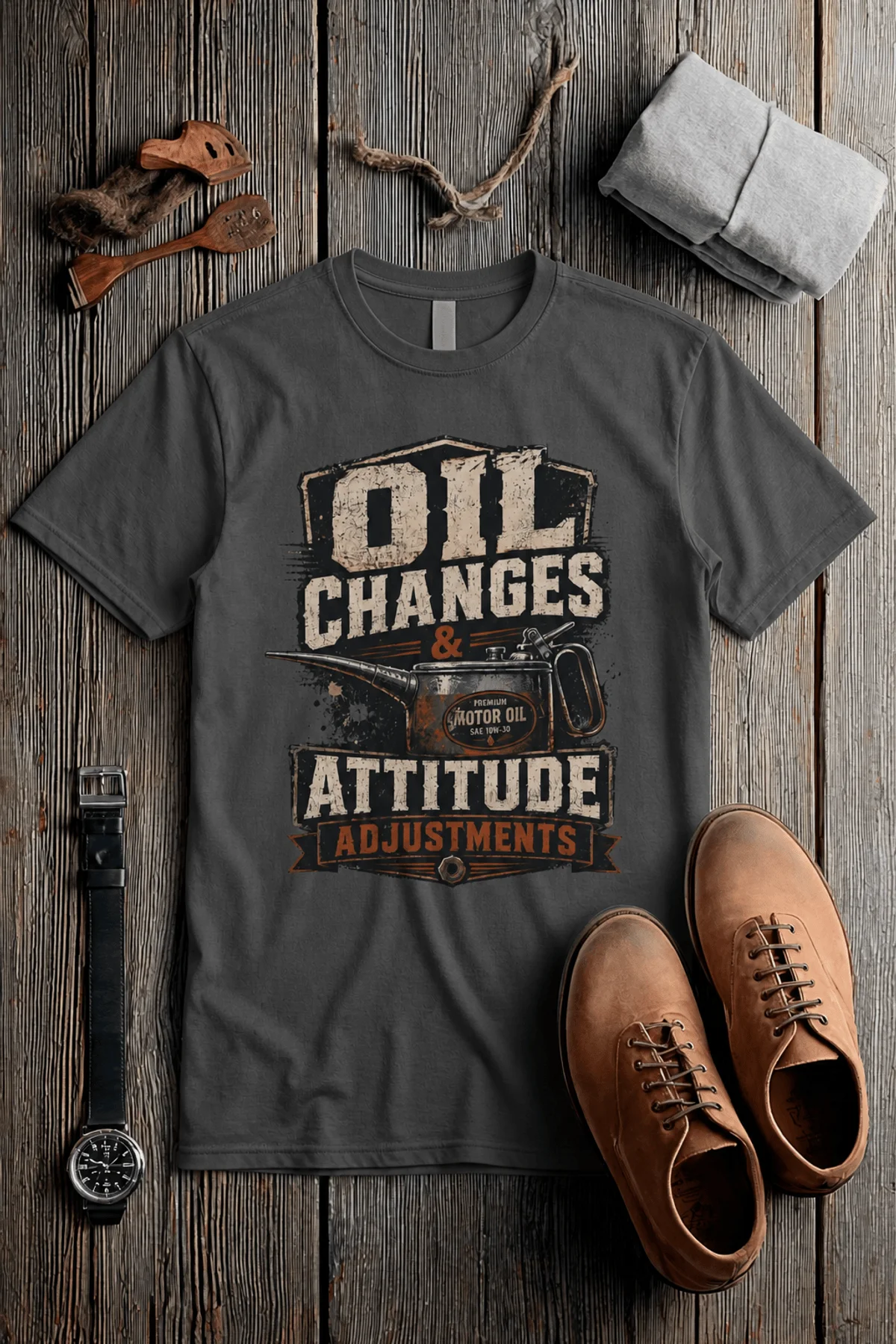 'Oil Changes and Attitude Adjustments' T-Shirt — Funny Retro Industrial Mechanic's Tee — pepper t-shirt, flat-lay product photo | Pressure Tested Co