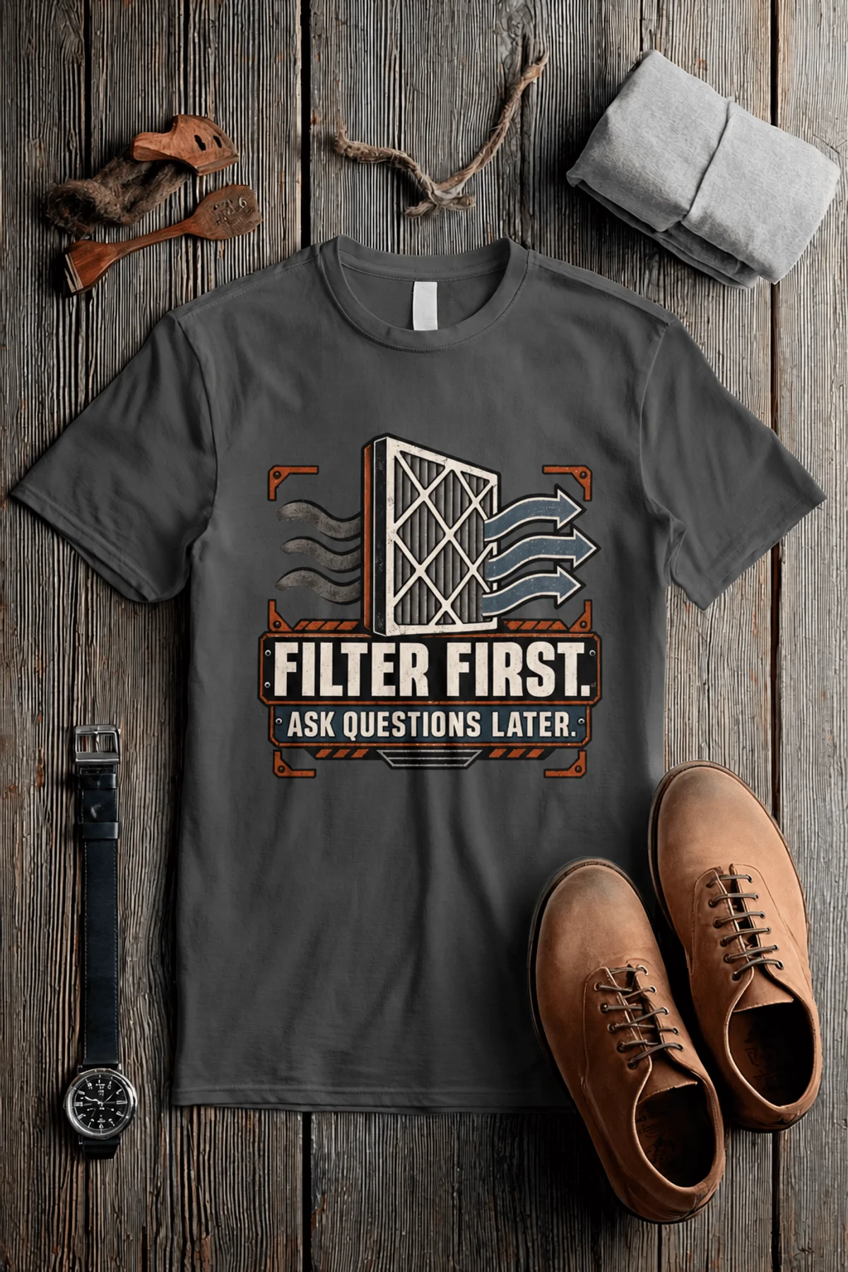 T-Shirt — "Filter First. Ask Questions Later." HVAC Air Filter Graphic — pepper t-shirt, flat-lay product photo | Pressure Tested Co