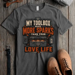T-Shirt — "My Toolbox Has More Sparks Than Your Love Life" Electrician/Mechanic Workshop Tee — pepper t-shirt, flat-lay product photo | Pressure Tested Co